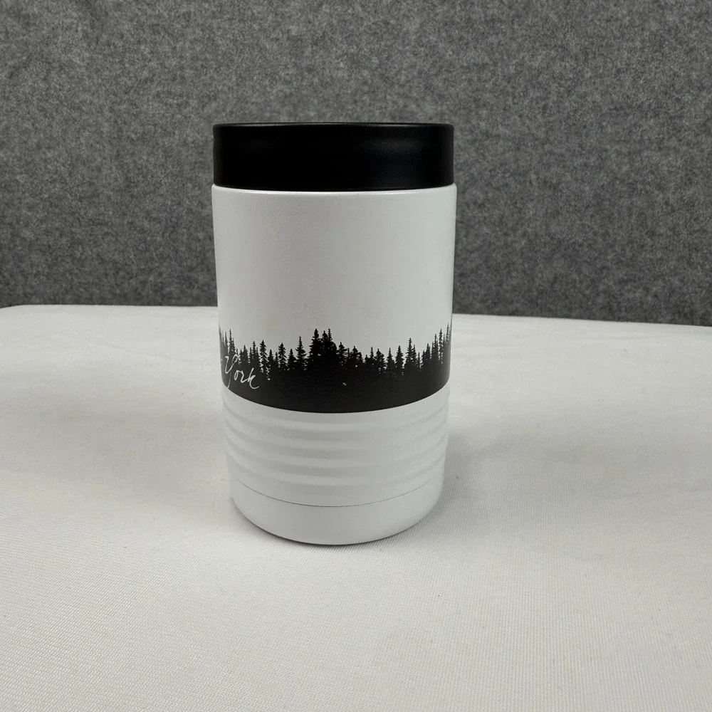 New York Bigfoot Sasquatch Pine Forest Insulated Can Cooler White Stainless 12oz